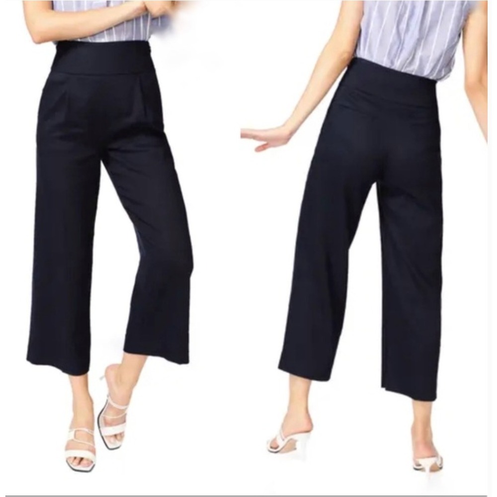 Court & Rowe Navy Blue Linen Blend Wide Leg Pleated Crop Pants Women Size 10‎